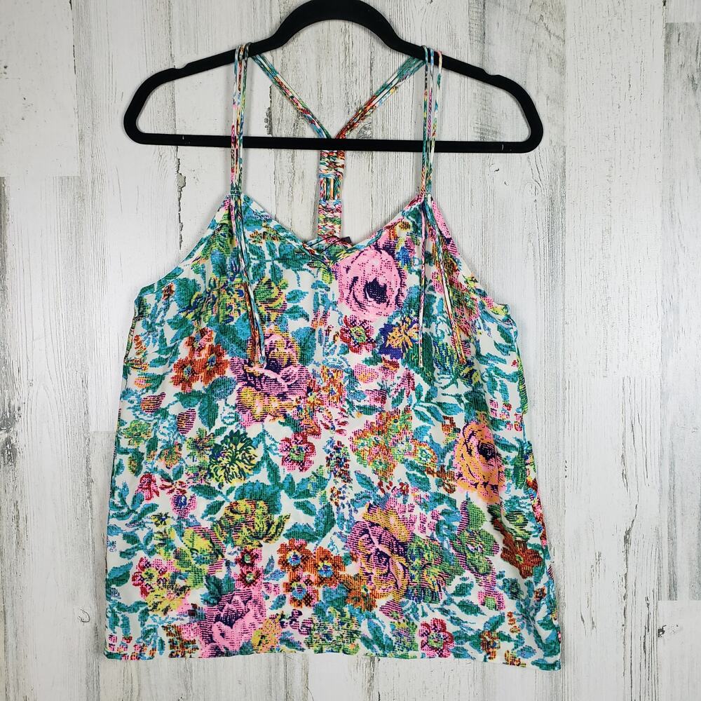 NWT Color Block Floral Printed Fringed Racerback Tank Top Women's Size Large